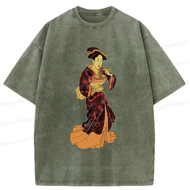 Tokyo-Tiger Geisha Eating Ramen Washed T-Shirt