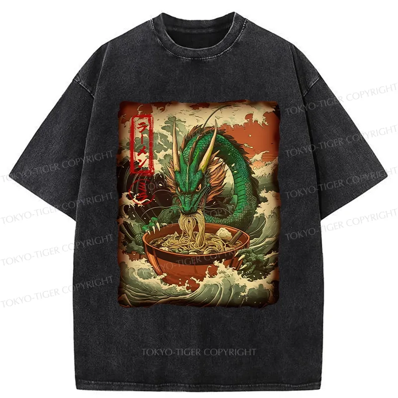 Tokyo-Tiger Ramen Lover Giant Dragon Washed T-Shirt