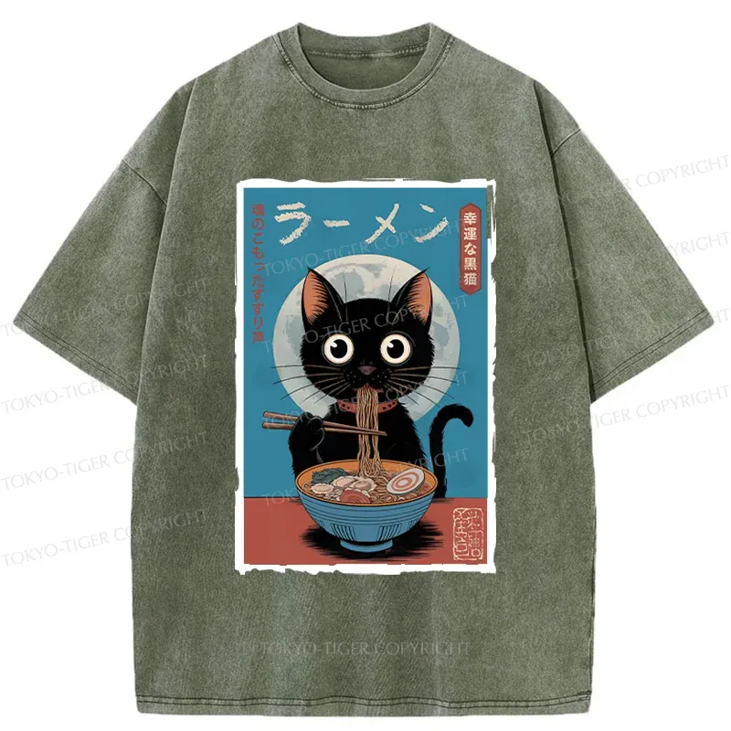 Tokyo-Tiger Black Cat Eating Delicious Ramen Washed T-Shirt