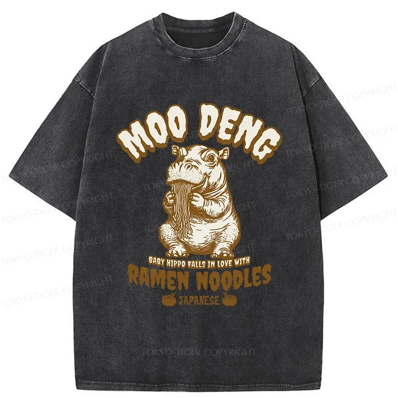 Tokyo-Tiger Moo Deng Eating Ramen Funny Washed T-Shirt