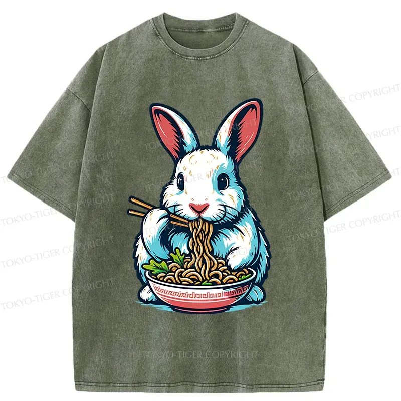 Tokyo-Tiger Easter Bunny Eating Ramen Washed T-Shirt
