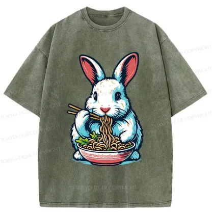Tokyo-Tiger Easter Bunny Eating Ramen Washed T-Shirt