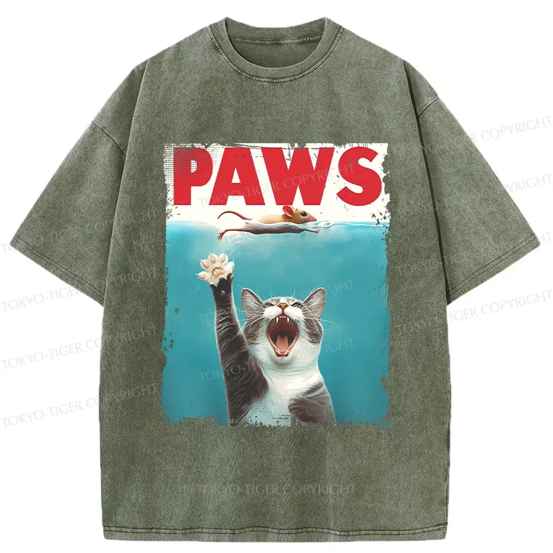Tokyo-Tiger Paw Funny Cat Washed T-Shirt