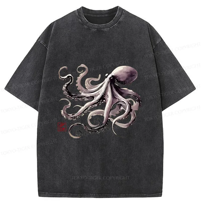 Tokyo-Tiger Retro Japanese Octopus Washed T-Shirt