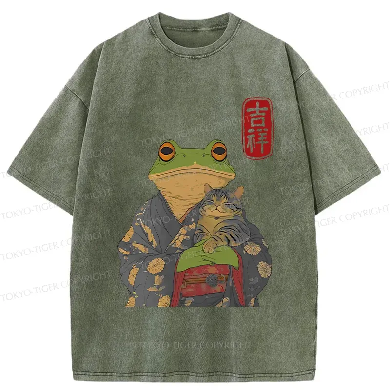 Tokyo-Tiger Frog Hugging Cat Washed T-Shirt