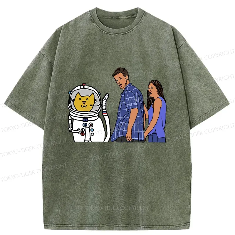Tokyo-Tiger Funny Astronaut Cat Washed T-Shirt
