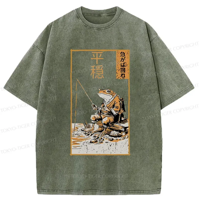 Tokyo-Tiger Frog Fishing Funny Washed T-Shirt
