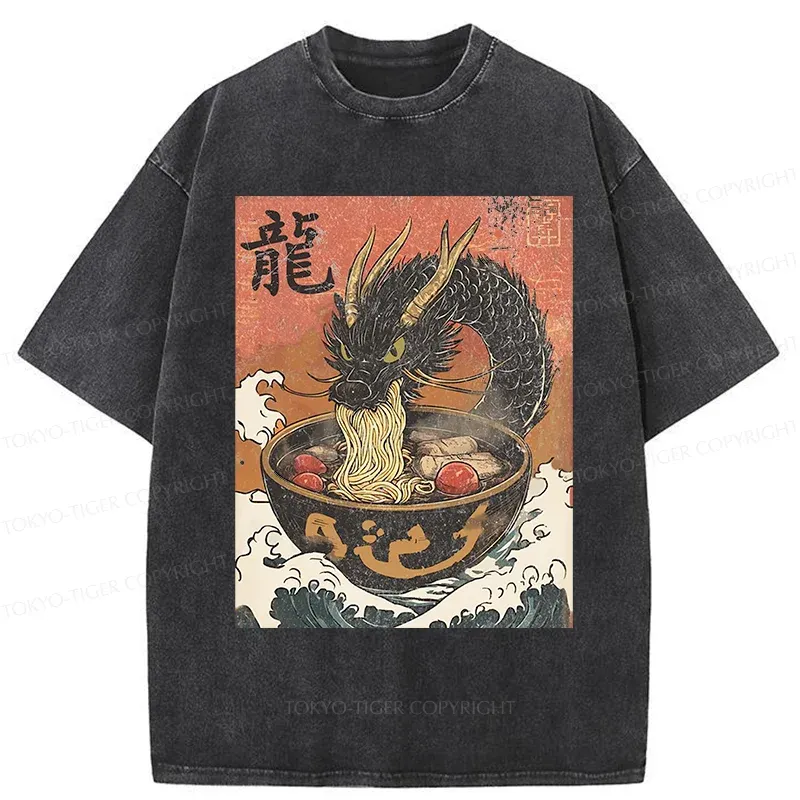 Tokyo-Tiger Dragon Eating Delicious Ramen Washed T-Shirt