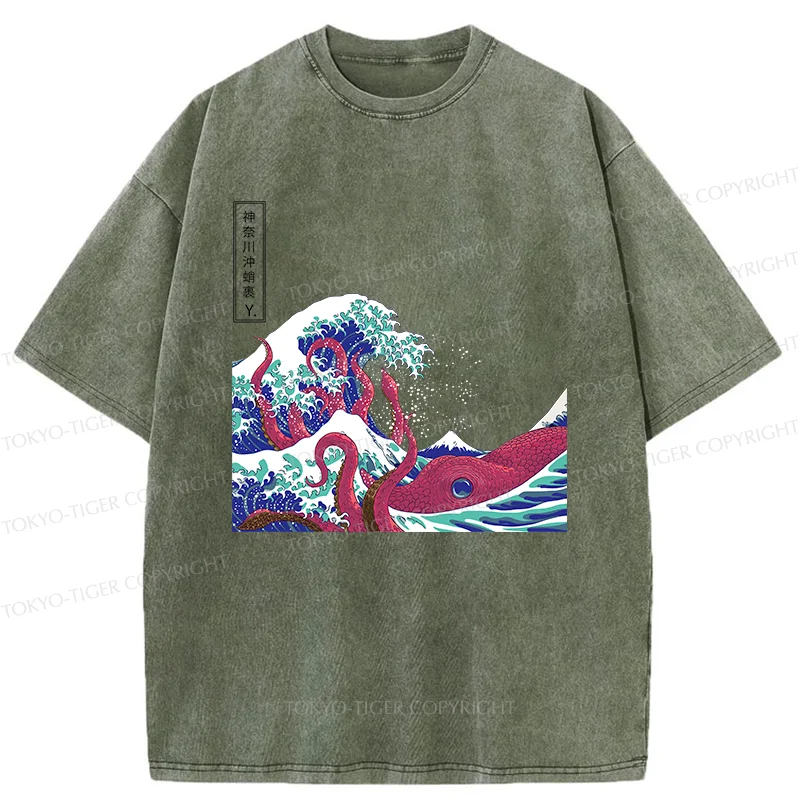 Tokyo-Tiger Octopus And Waves Washed T-Shirt
