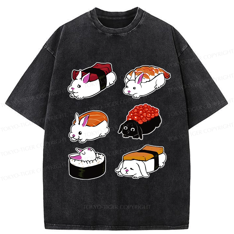 Tokyo-Tiger Cute Rabbit Sushi Washed T-Shirt
