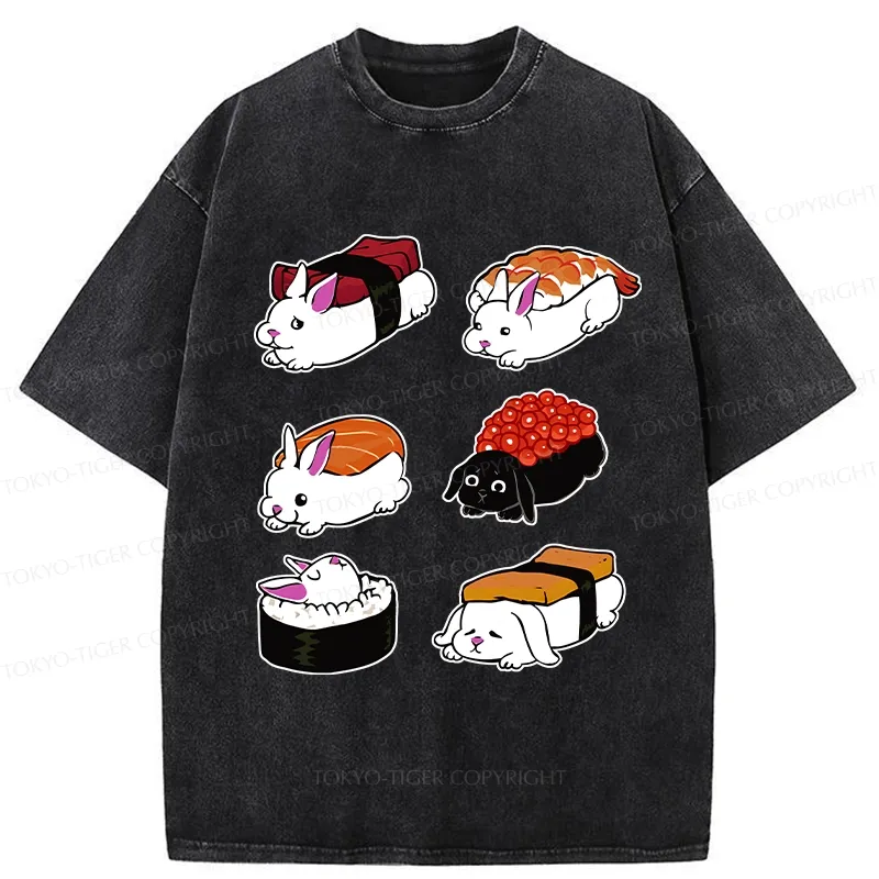 Tokyo-Tiger Cute Rabbit Sushi Washed T-Shirt