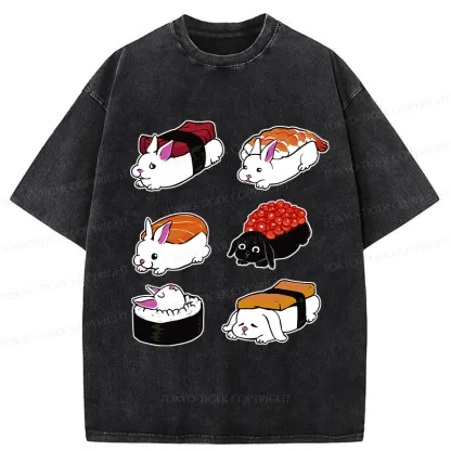 Tokyo-Tiger Cute Rabbit Sushi Washed T-Shirt