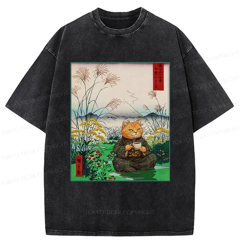 Tokyo-Tiger Cozy Cat Drinking Coffee Washed T-Shirt