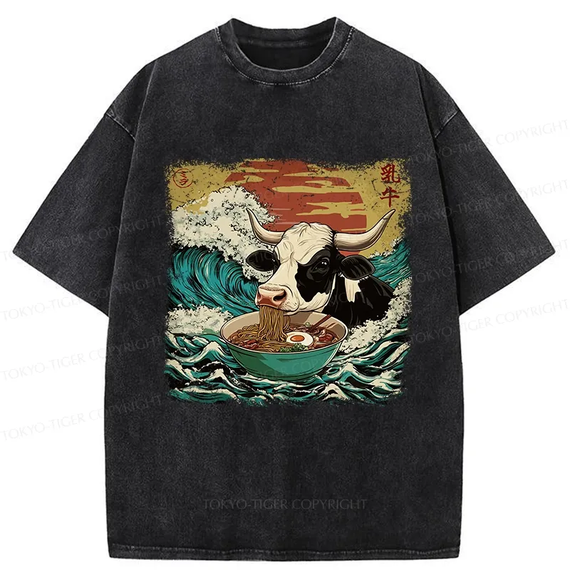 Tokyo-Tiger Ramen Lover Cow Washed T-Shirt