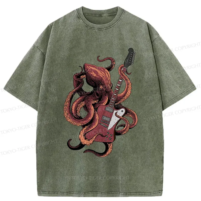 Tokyo-Tiger Octopus Playing Guitar Washed T-Shirt