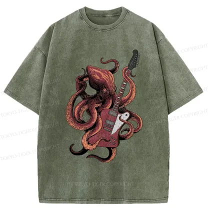 Tokyo-Tiger Octopus Playing Guitar Washed T-Shirt