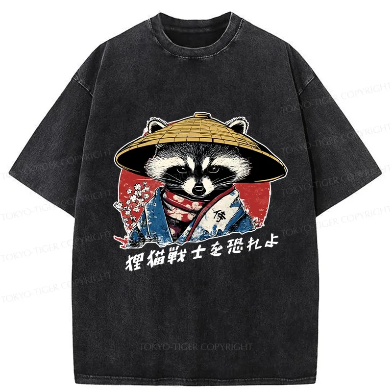 Tokyo-Tiger Japanese Raccoon Samurai Washed T-Shirt