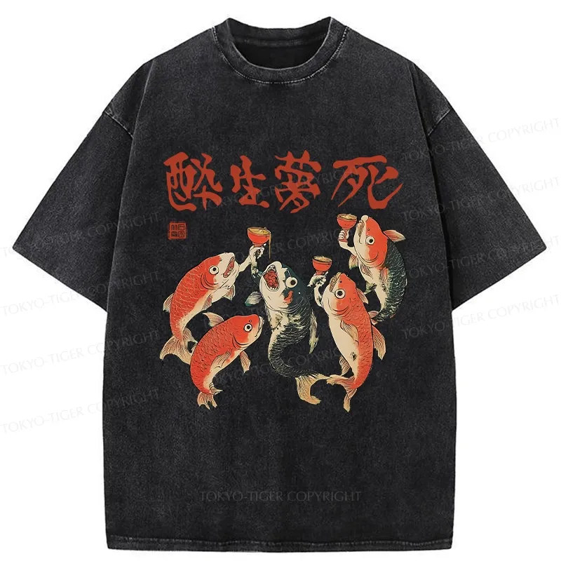 Tokyo-Tiger Funny Fish Drink Together Washed T-Shirt