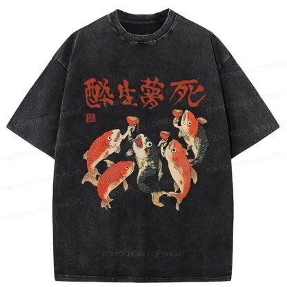 Tokyo-Tiger Funny Fish Drink Together Washed T-Shirt