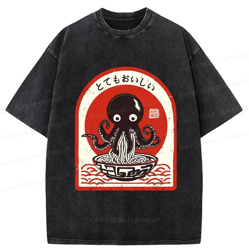 Tokyo-Tiger Ramen Lover Octopus Washed T-Shirt Sale