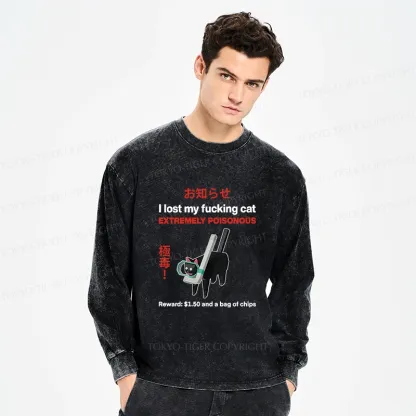 Tokyo-Tiger Find The Toxic Cat Funny Washed Long Sleeve T-Shirt