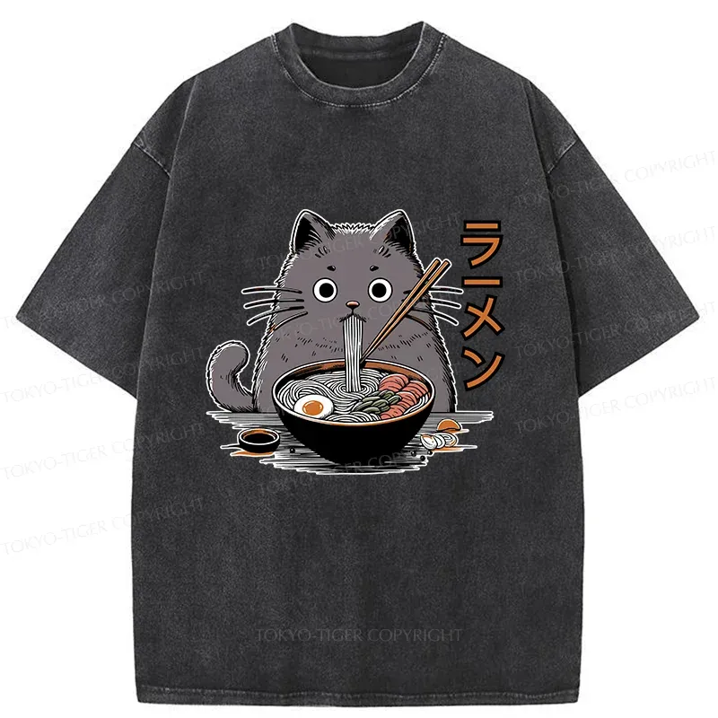 Tokyo-Tiger Kawaii Cat Ramen Washed T-Shirt