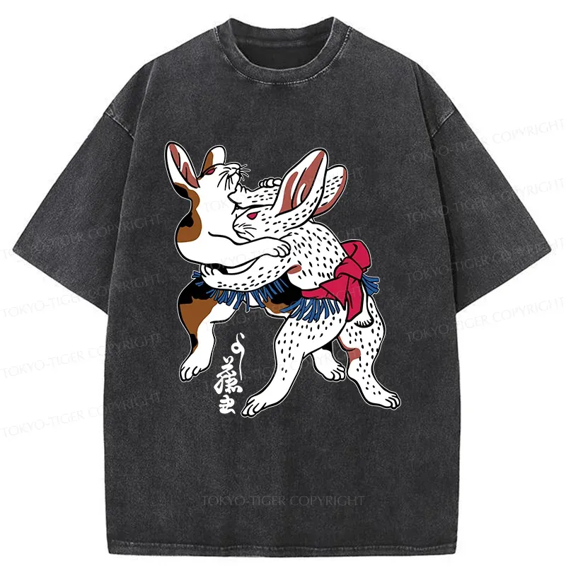 Tokyo-Tiger Rabbits Wrestling Sumo Washed T-Shirt