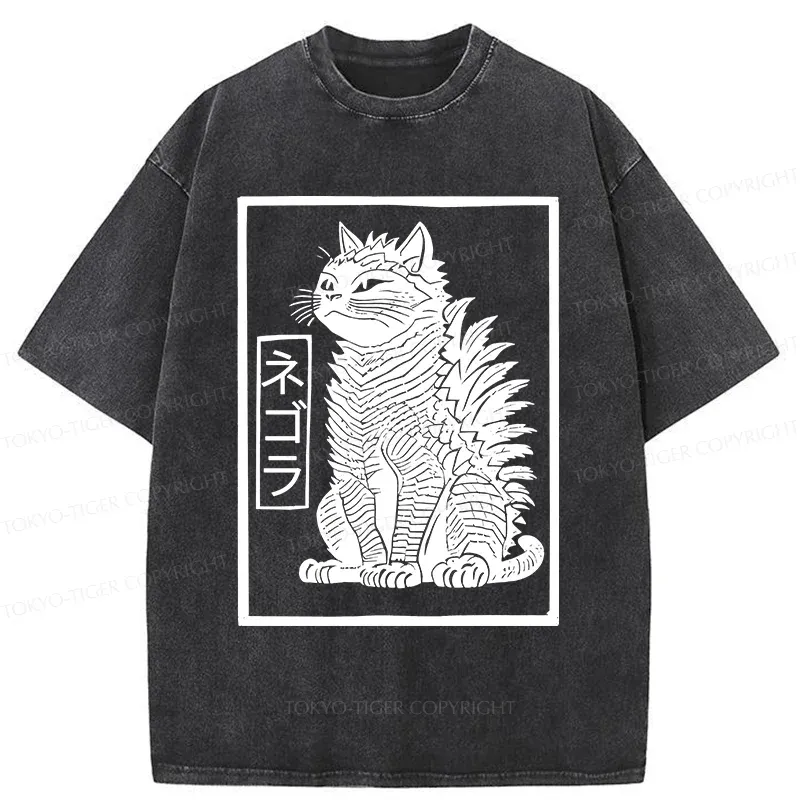Tokyo-Tiger Fierce Catzilla Funny Washed T-Shirt