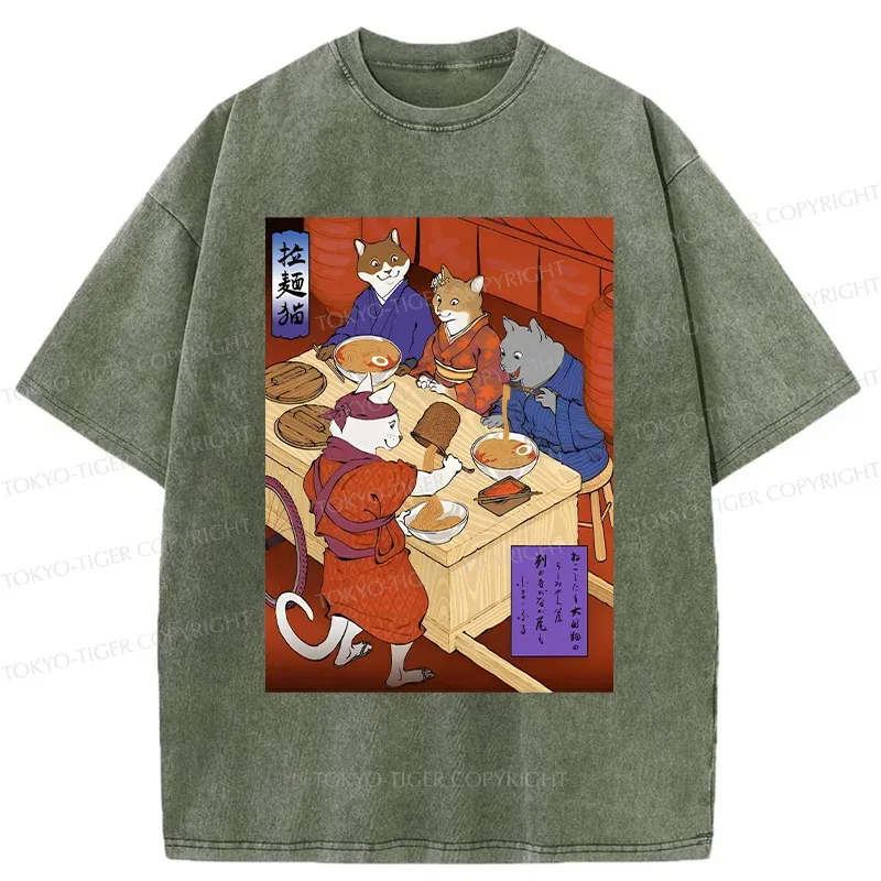 Tokyo-Tiger Cats At Dinner Party Washed T-Shirt
