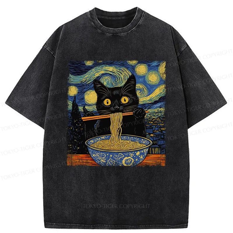 Tokyo-Tiger Cat Ramen Lover Washed T-Shirt
