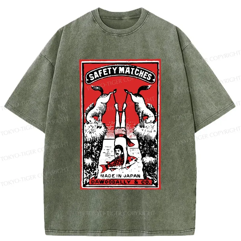 Tokyo-Tiger Catch Fish Funny Washed T-Shirt