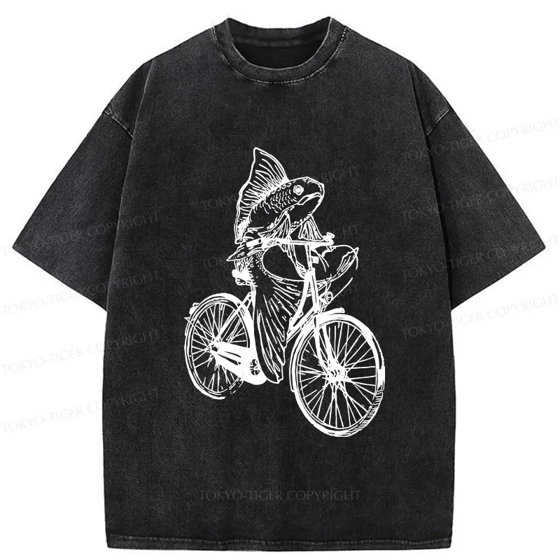 Tokyo-Tiger Funny Fish Riding A Bicycle Washed T-Shirt