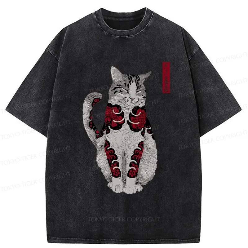 Tokyo-Tiger Tattooed Cat Washed T-Shirt