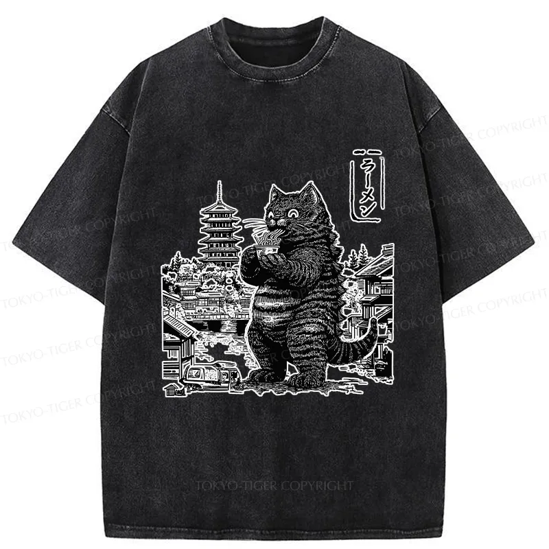 Tokyo-Tiger Ramen Lover Cat Monster Washed T-Shirt