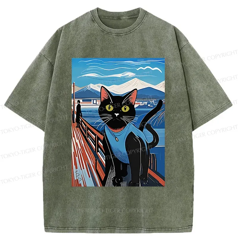 Tokyo-Tiger Cat On The Fence Washed T-Shirt