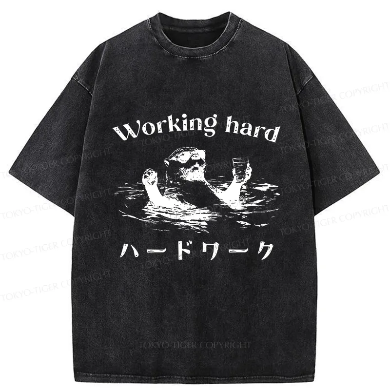 Tokyo-Tiger Funny Working Hard Otter Washed T-Shirt