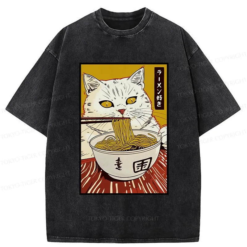 Tokyo-Tiger Cute Cat Ramen Lover Washed T-Shirt