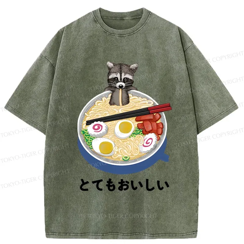 Tokyo-Tiger Raccoon Eating Ramen Washed T-Shirt