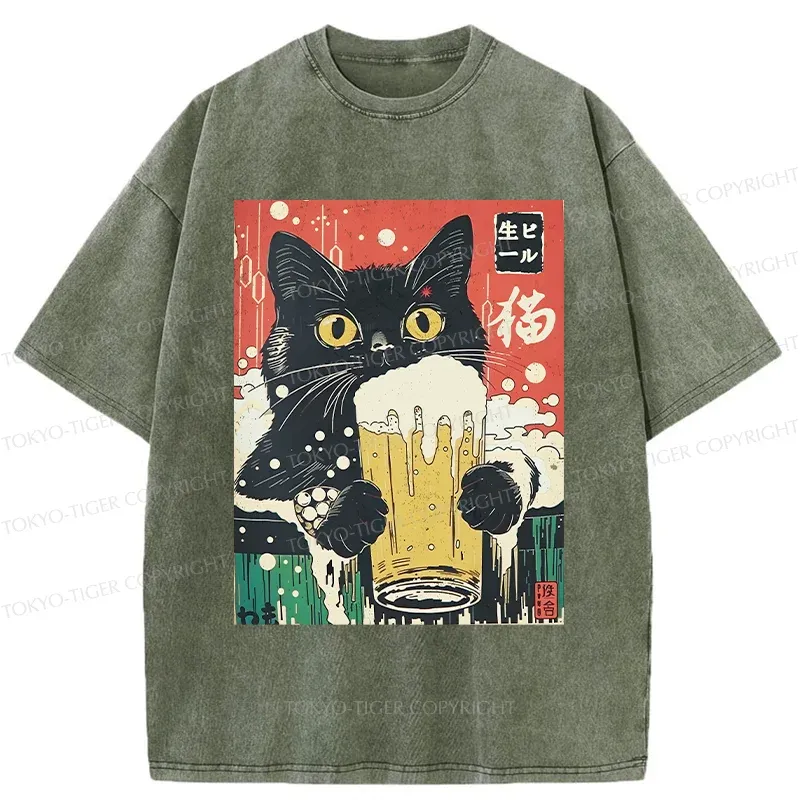 Tokyo-Tiger Cat Drinking Beer Funny Washed T-Shirt