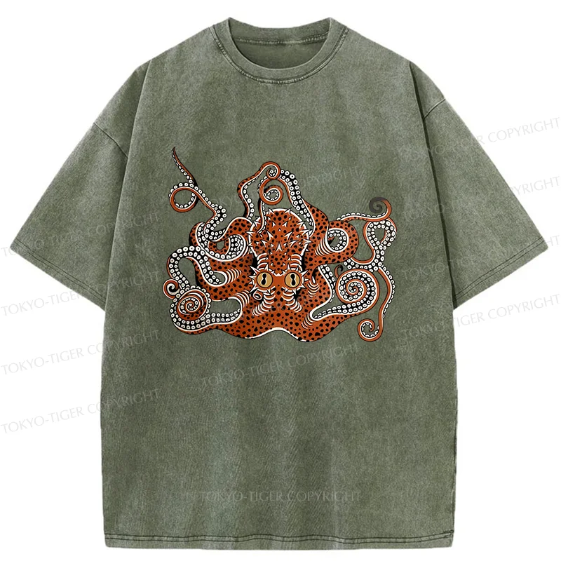 Tokyo-Tiger Retro Japanese octopus Washed T-Shirt