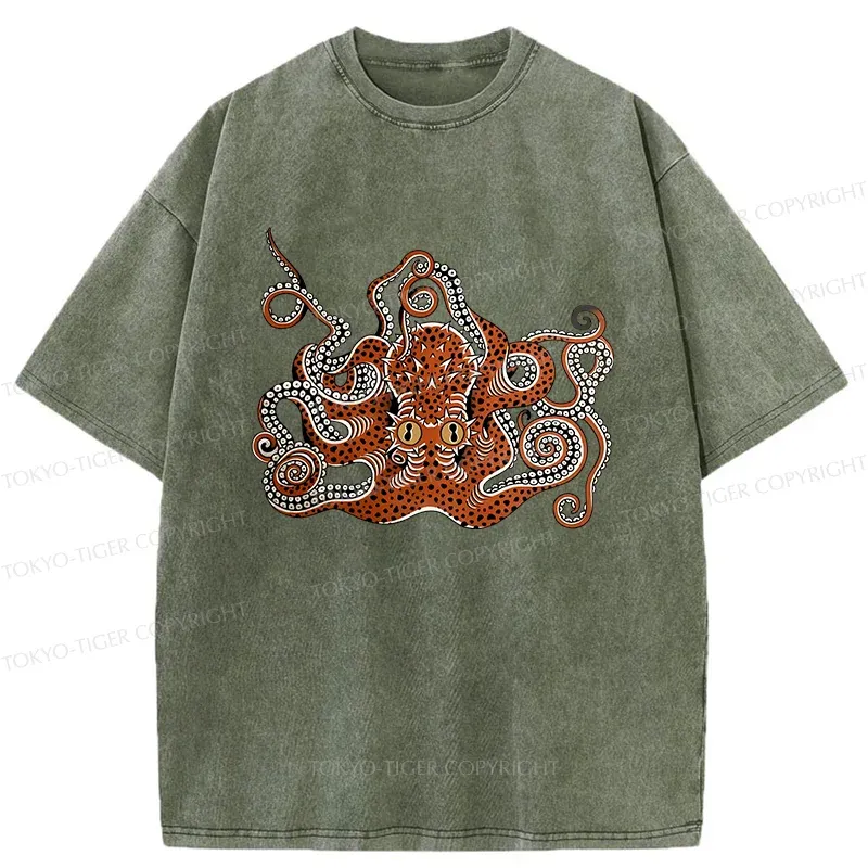 Tokyo-Tiger Retro Japanese octopus Washed T-Shirt