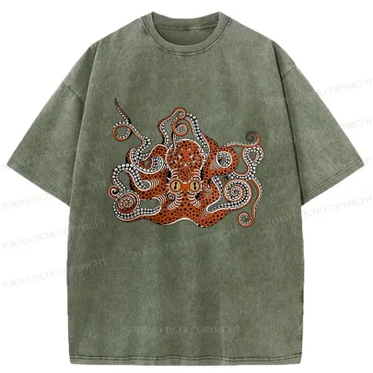 Tokyo-Tiger Retro Japanese octopus Washed T-Shirt