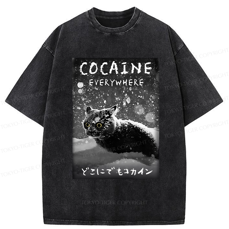 Tokyo-Tiger Funny Coaine Everywhere Washed T-Shirt