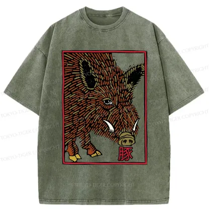 Tokyo-Tiger Woodcut Pig Washed T-Shirt