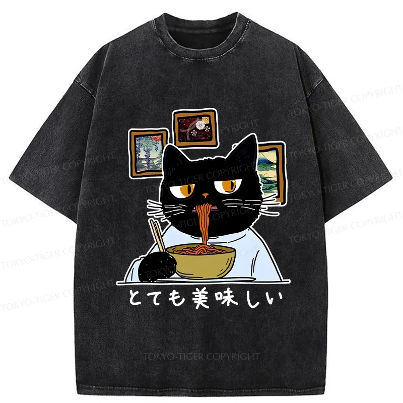 Tokyo-Tiger Cat Eating Delicious Ramen Washed T-Shirt
