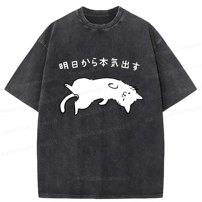 Tokyo-Tiger Lazy Cat Funny Washed T-Shirt