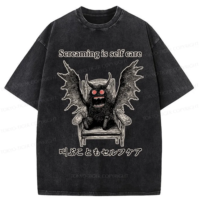 Tokyo-Tiger Screaming Is Self Care Washed T-Shirt
