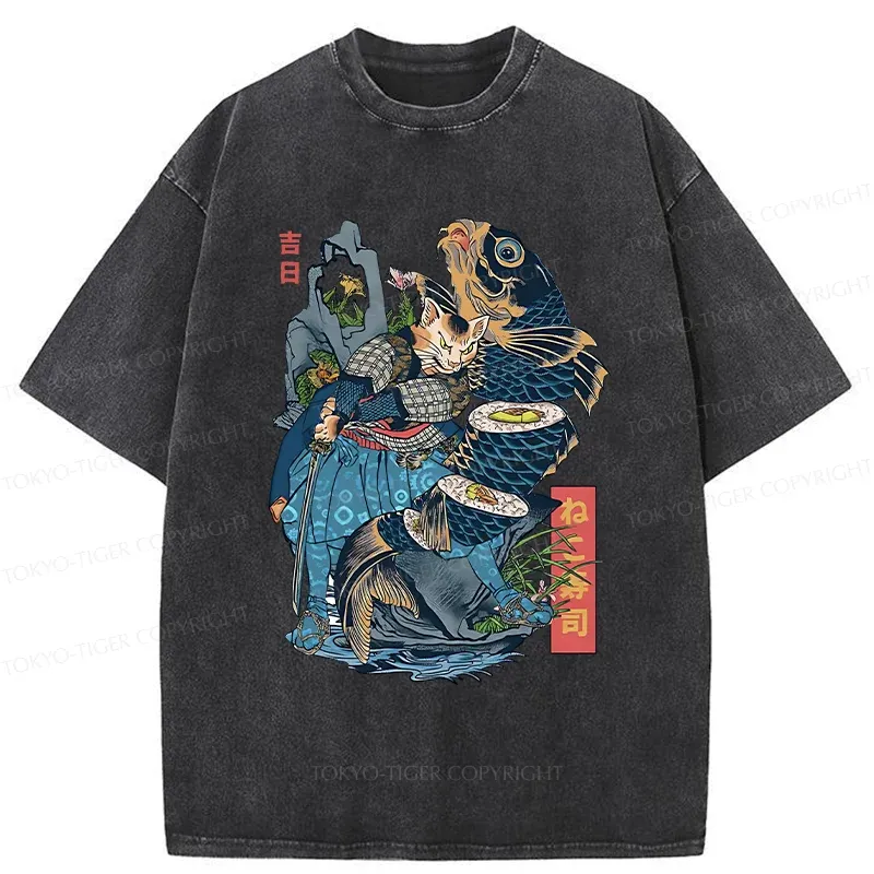 Tokyo-Tiger Funny Cat Kills Fish Washed T-Shirt