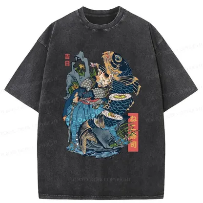 Tokyo-Tiger Funny Cat Kills Fish Washed T-Shirt