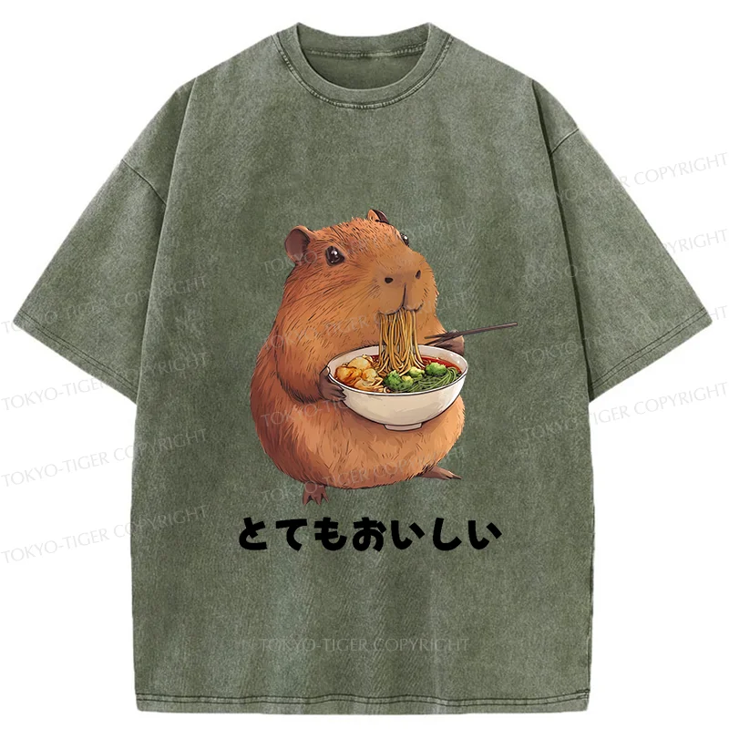 Tokyo-Tiger Capybara Eating Japanese Ramen Washed T-Shirt